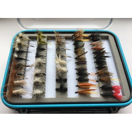 96 BOXED BARBLESS FLIES - Wets, Dries, Nymphs, Buzzers, Goldheads - IN BLUE RIM BOX