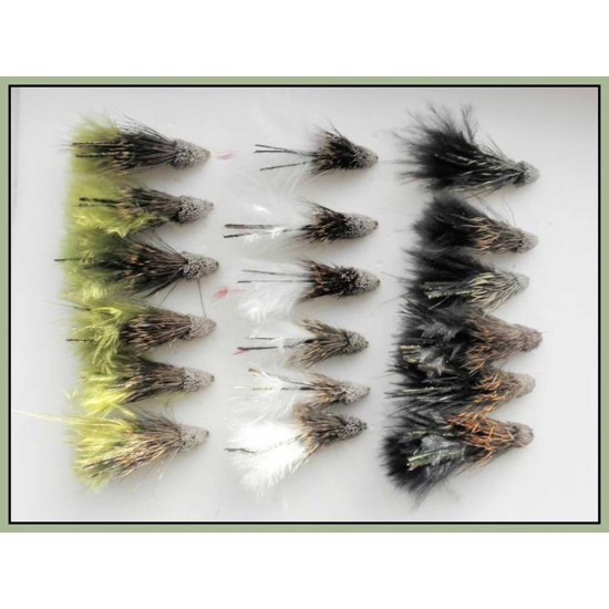 18 Barbless Muddlers, Black White and Olive