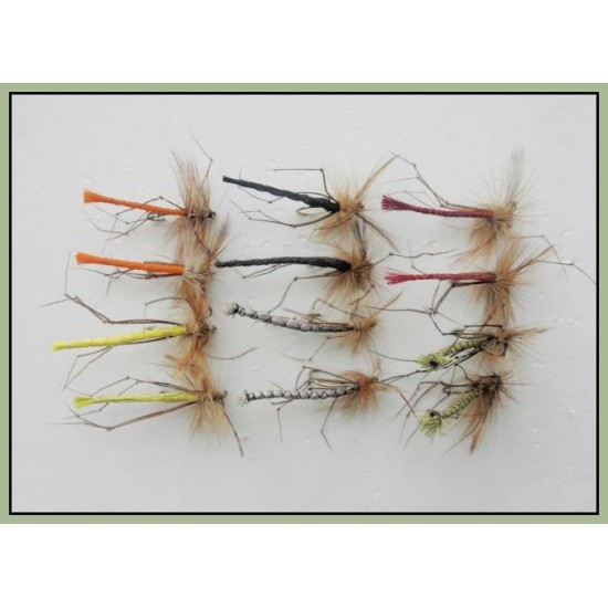 12 Barbless Mixed Coloured Unweighted Detached Daddy Long Legs