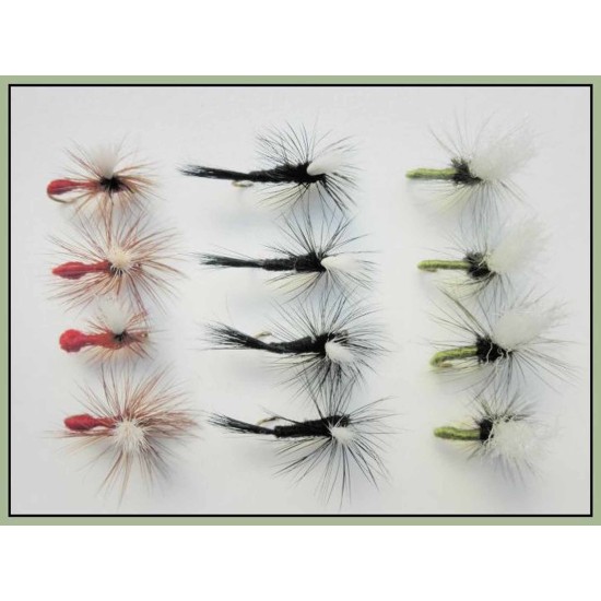 12 Parachute Dries - Olive Para, Black Gnat Para, Red Ant